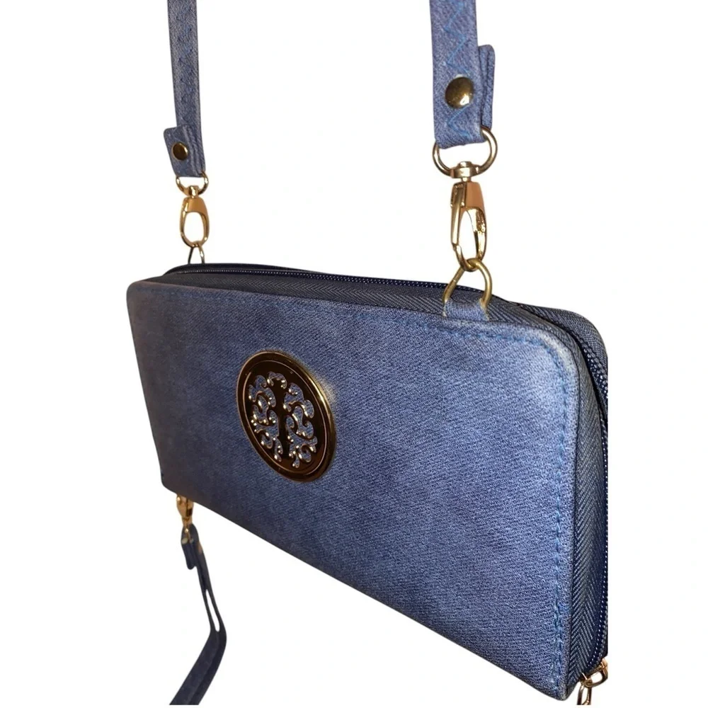 DASEIN Large Wallet Crossbody Bag &  Strap Wristlet Dark Blue Gold Tone Hardware